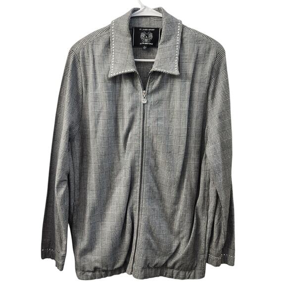 St John Sport Zip Up Light Jacket L Black White Checkered Houndstooth Retro Chic - Picture 1 of 9